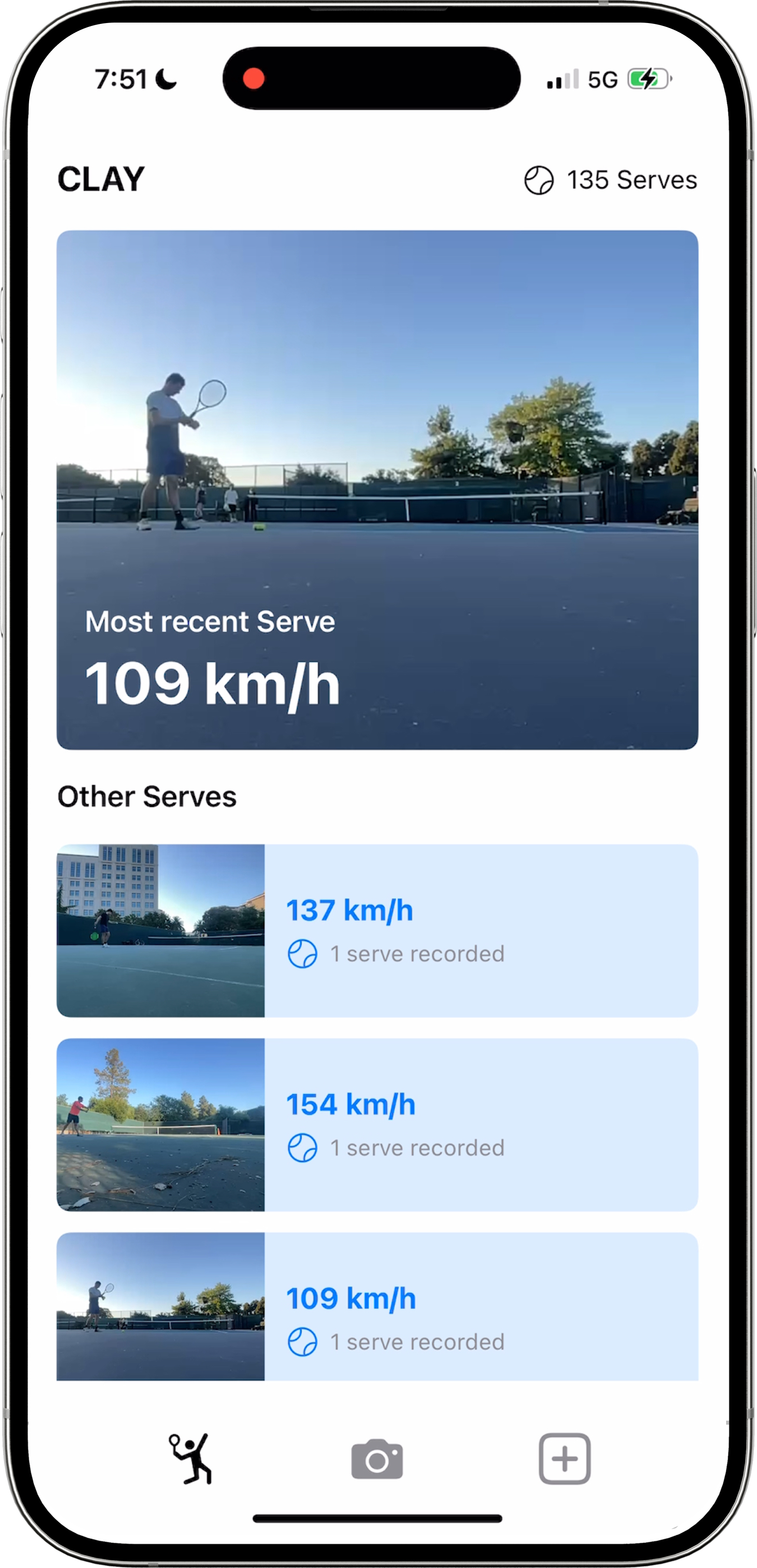 CLAY app showing most recent serve and speed history