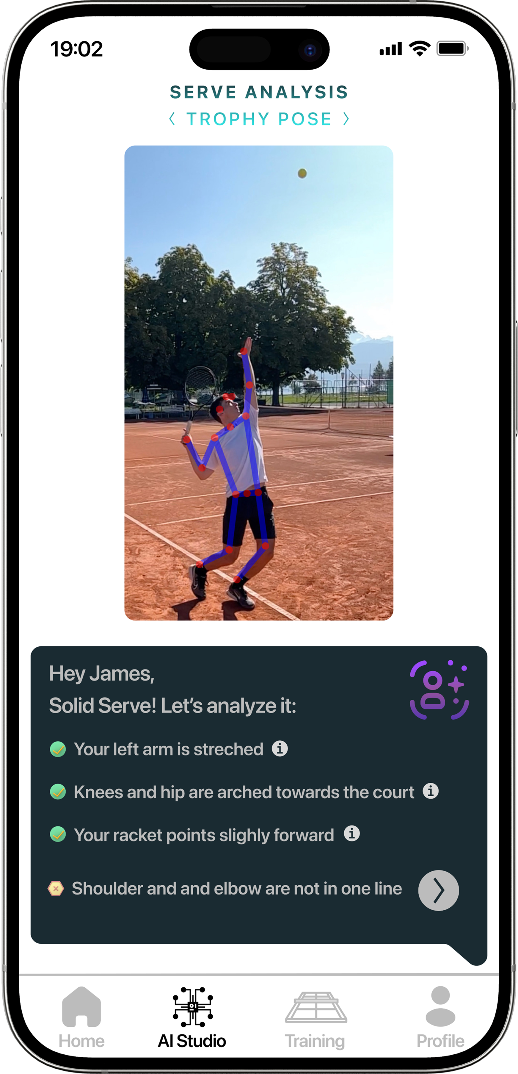 CLAY app showing pose overlay and technique checklist